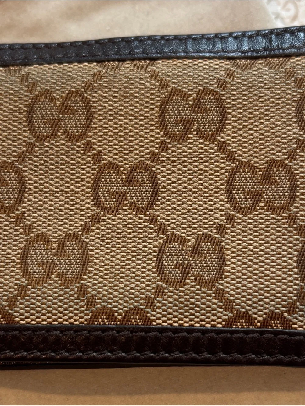 Gucci Brown Monogram Canvas Bifold Card & Money Wallet. Mini.